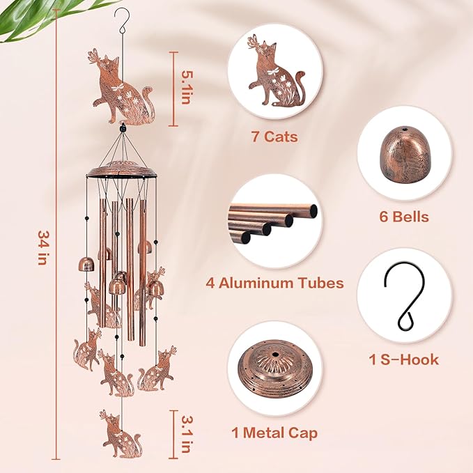 Cat Wind Chimes Outdoor Cat Gifts for Women/Men/Mom/Grandma/Wife/Friends Birthday Gifts Memorial Gift Metal WindChimes for Outside/Indoors, Home, Lawn, Porch, Patio, Garden Decor, Yard Decorations