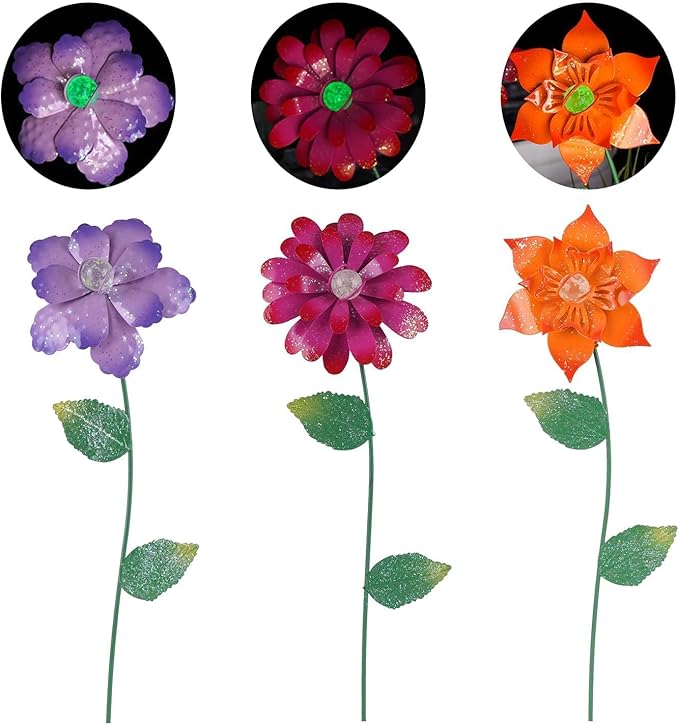 Floral Garden Stake Glow in Dark Plant Pick Water Proof Metal Flower Stick for Outdoor Garden Decor, Set of 3