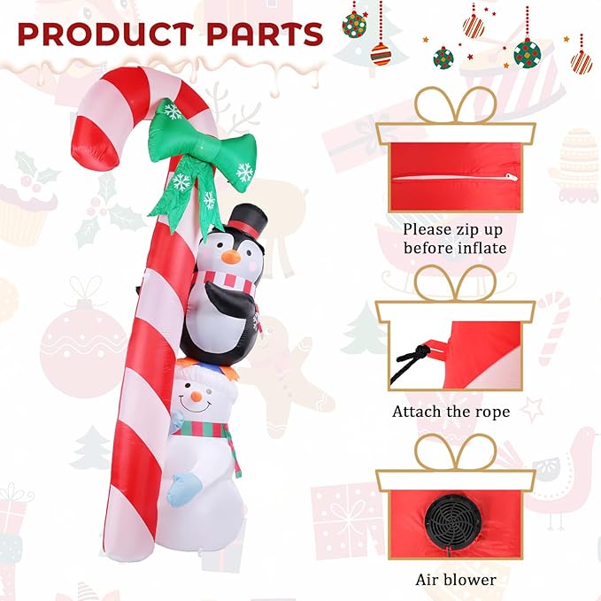 MUMTOP 8.6 Ft Tall Christmas Inflatables Outdoor Decorations, Inflatables Candy Cane with Snowman Penguin Christmas Blow up Yard Decorations Built-in LED Lights for Outdoor Party Holiday Decor