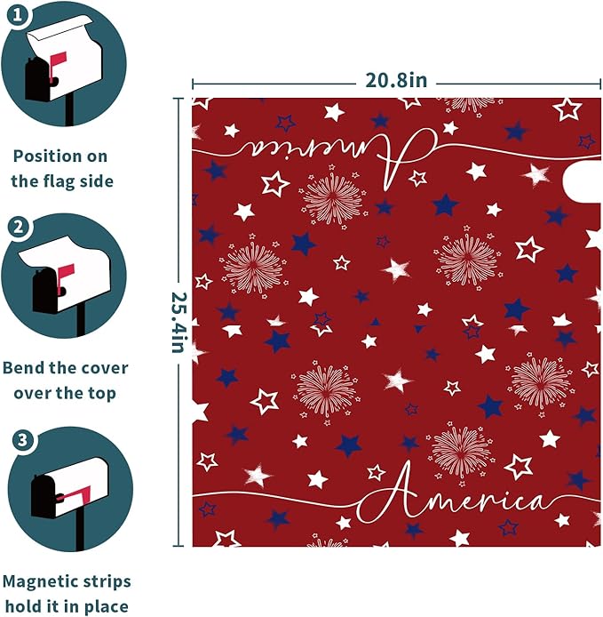 4th of July Mailbox Cover Magnetic 25.5"x21" Patriotic America Stars Fireworks Decorative Mailbox Wrap Independence Day Letter Post Cover Large Size for Garden Yard Outdoor