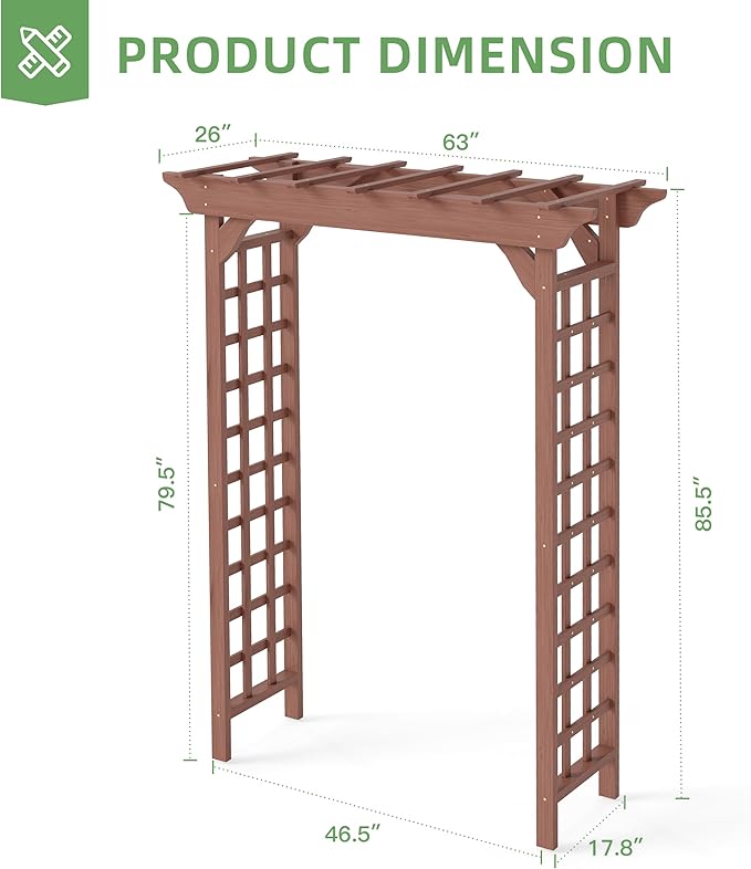 Outdoor Wooden Arch Pergola for Garden, Backyard, Patio & Wedding (Dark Brown, 63" W x 85.5" H)