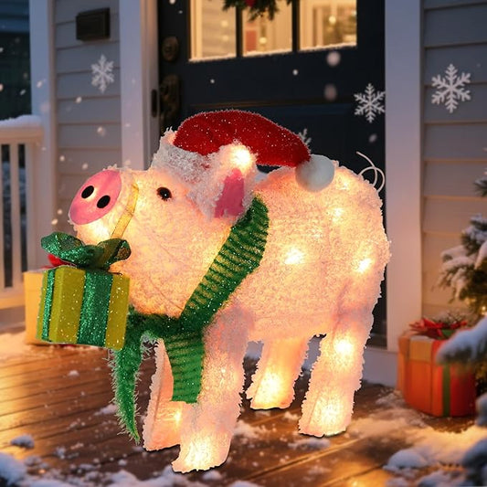 Christmas Lighted Pig Decoration 3D Glittered Fluffy Piggy with Gift Box Battery Operated Lighted Up Ornament Outdoor Indoor Christmas Decoration for Home Lawn Yard Garden Display