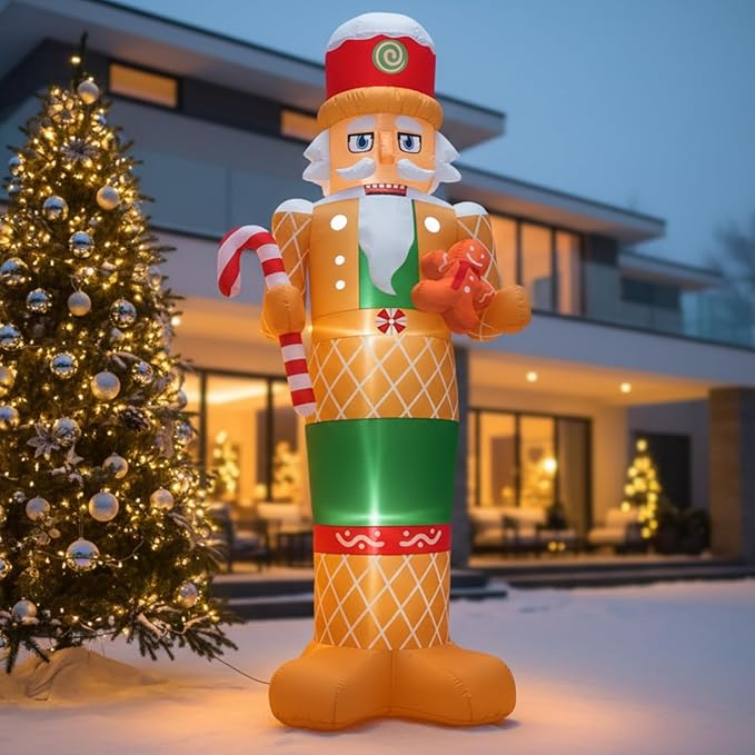 8 FT Christmas Inflatables Outdoor Decorations Nutcracker with Little Gingerbread Man Hold Candy Cane Blow Up Yard Decoration with Built-in LEDs for Xmas Holiday Outside Garden Lawn Yard Decor