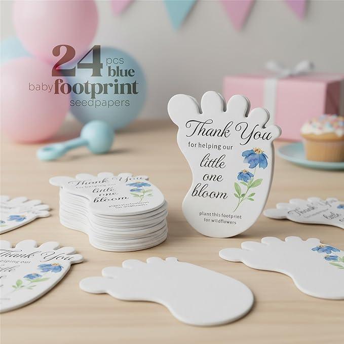 Baby Footprint Seed Paper – 24 pcs Blue Baby Shower Favors for Guests with Wildflower Seeds, Writable & Plantable, Gender Reveal, Birthday Gifts for Guest