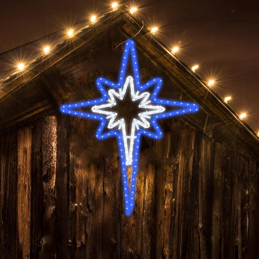 Large 28inch Twinkle Bethlehem Star Pre-lit 216 Super-Bright LED Outdoor Christmas Decoration with 11 Functions and Timer Waterproof for Outdoor Home Party Wall(Blue and White)