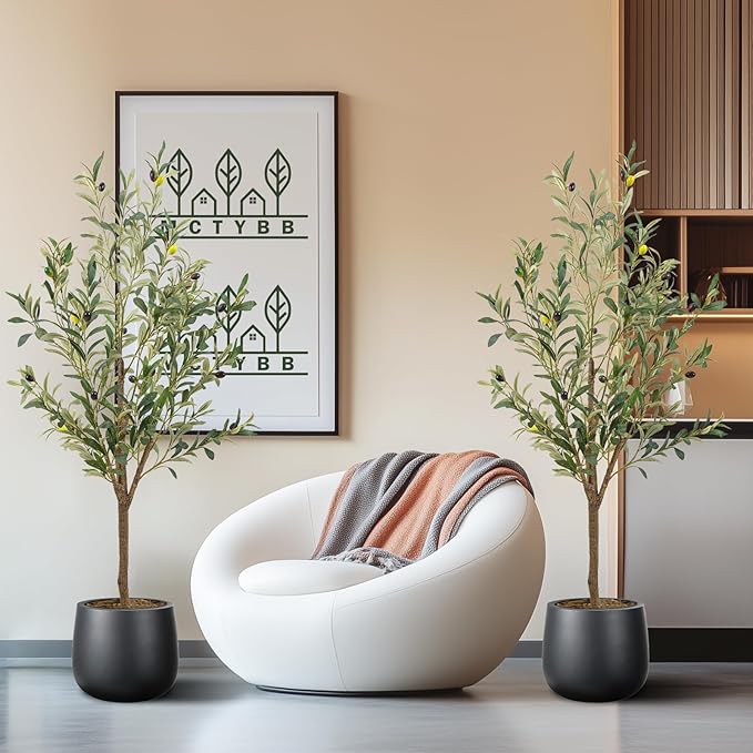 Artificial Fake Olive Tree 4FT Tall 2Pack Faux Silk Olive Tree for Home Living Room Office Decor Faux Artificial Plants Indoor Fake Potted Plants with Fruit & Free Moss