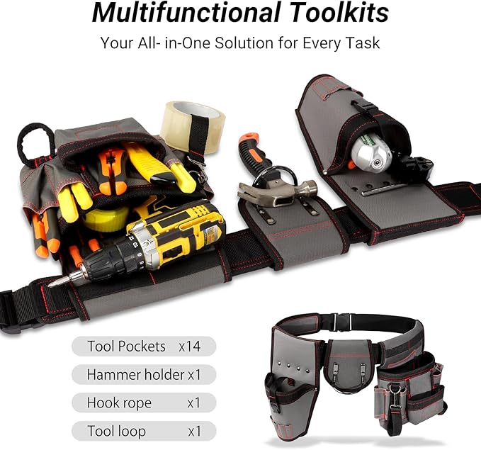 Tool Belt Magnetic for Men with 17 Pocket, 32"-46" Adjustable Heavy Duty Waist Tool Belts with Drill Holster and Hard Board Tool Pouch, Toolbelt for Electrician, Carpenter, Worker, Dad Gift