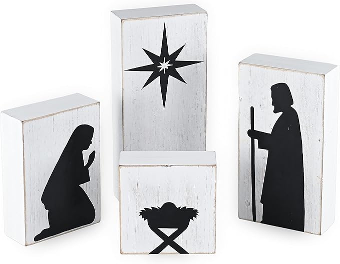 Ornativity Wooden Block Nativity Scene - Black Xmas Silhouette Christmas Figures on White Painted Wood Blocks Indoor Nativity Table Top Shelf Sitter Mantle Centerpiece Set Decorations - 1 Set