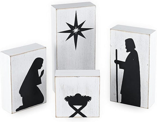 Ornativity Wooden Block Nativity Scene - Black Xmas Silhouette Christmas Figures on White Painted Wood Blocks Indoor Nativity Table Top Shelf Sitter Mantle Centerpiece Set Decorations - 1 Set