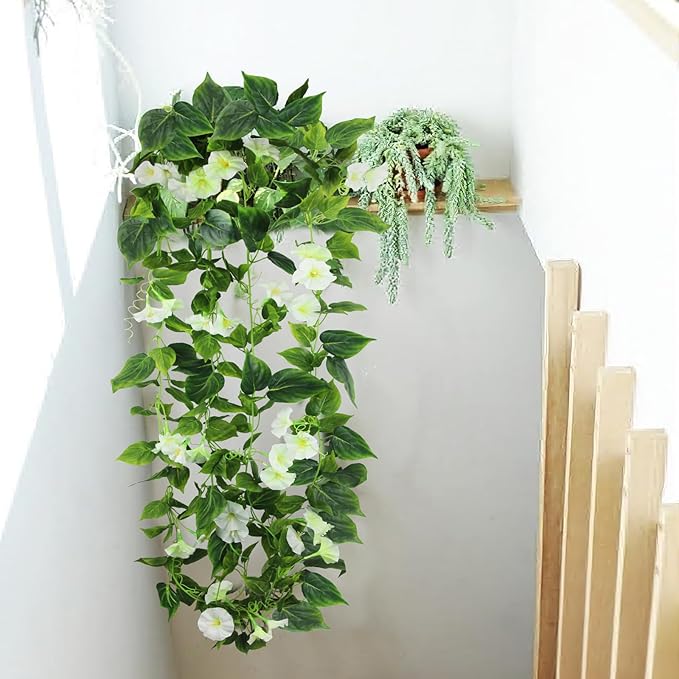 CISDUEO 2 Pcs Artificial Vines Silk Morning Glory Vines for Outdoor 15Feet Hanging Plants Garland White Fake Green Plant Morning Glories for Home Decor Wall Fence Stairway Wedding Hanging Baskets