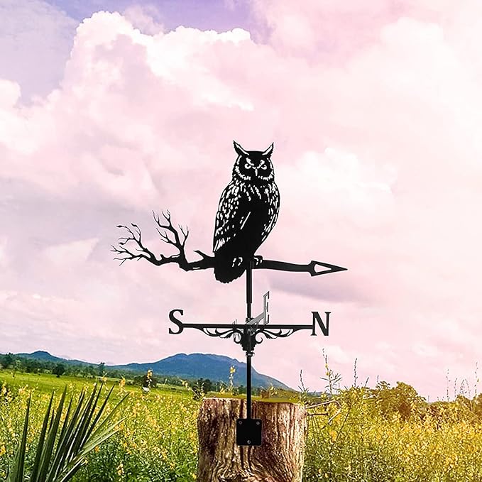 3D Animal Metal Weather Vane, Wind Direction Indicator, Garden Patio Roof Decoration (Owl)
