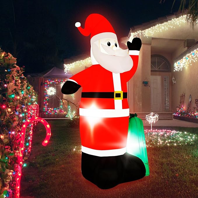 8FT Christmas Inflatable Santa Claus with Waving Hand & Built-in LED Lights, Outdoor Blow Up Santa Yard Decoration for Holiday Party, Garden, Lawn, Indoor Xmas Decor