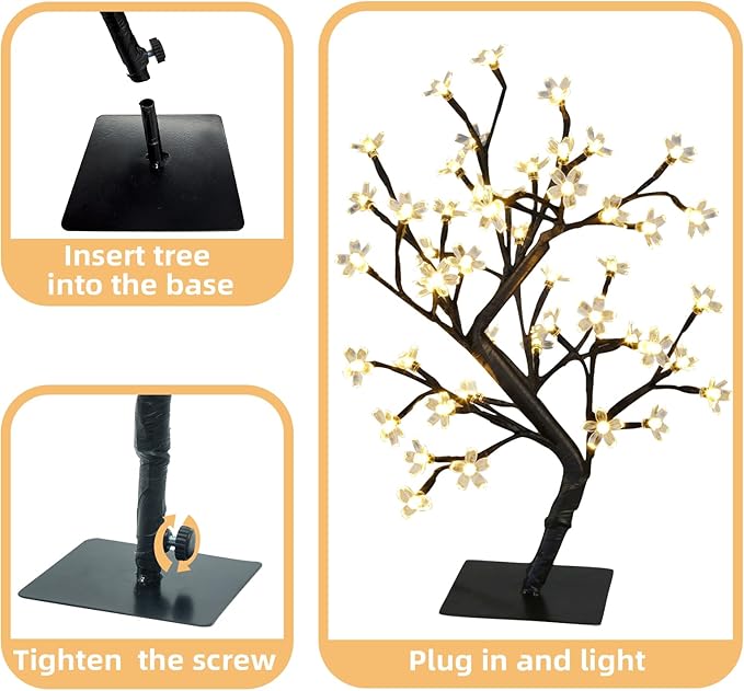 PEIDUO 17.5 Inch Lighted Cherry Blossom Tree, 48 Warm White Lights Plug in Adapter, Light up Bonsai Tree for Christmas Indoor Home Bedroom Living Room, Tabletop Decor Night Light Artificial Tree