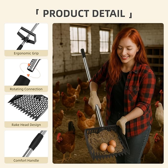 Chicken Poop Scooper, 10 Inch 2 in 1 Rake Chicken Coop Scoop, Adjustable Sifting Shovel Heavy-Duty Chicken Coop Accessory Feces Shovel with Adjustable Handle & Pet Waste Cleaning