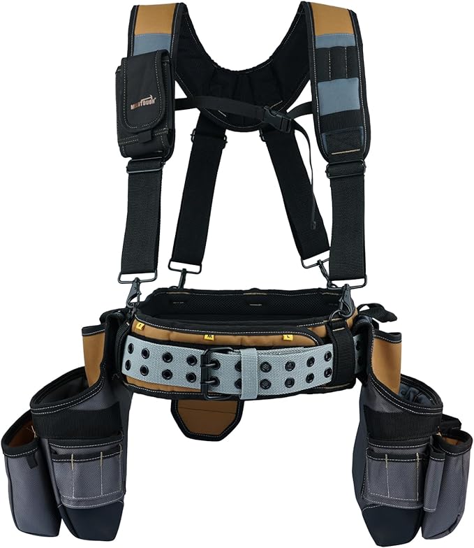 MELOTOUGH 28-Pocket Pro Framer's rig Combo Apron Tool Belt and Heavy Duty Padded Suspenders with Magnetic Desinger for Technician/Carpenter/and Electrician's Tools (Khaki)