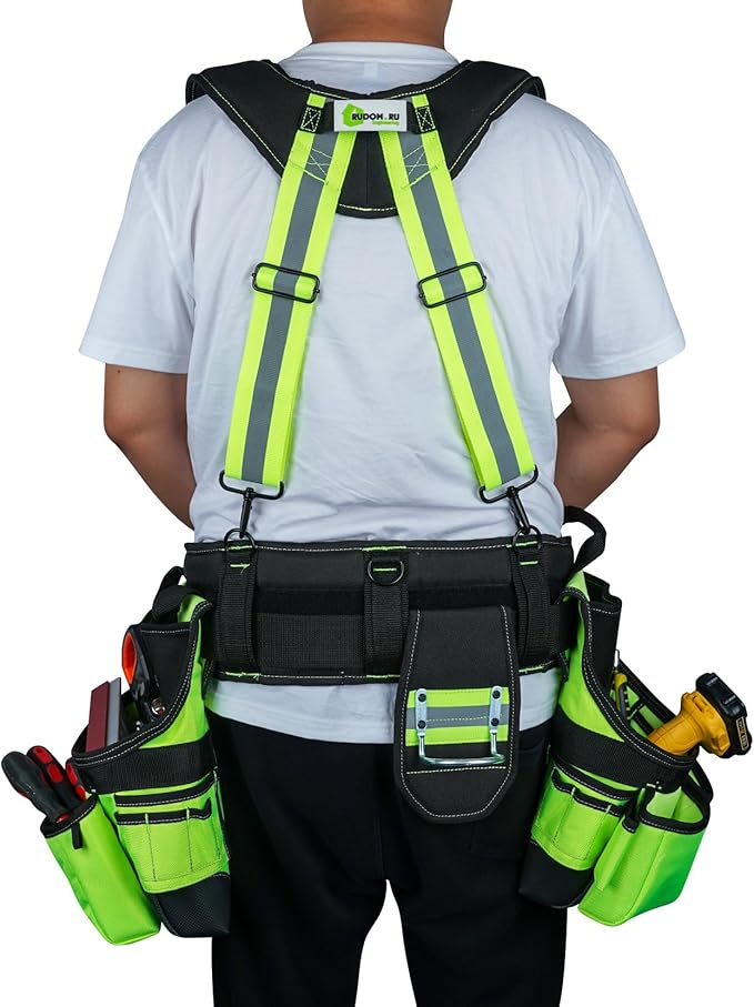 MELOTOUGH Reflective Safety Tool Belt with Suspenders Tool Bag Supenders Framers Comb Apron Construction Tool Pouch Builder Heavy Duty Carpenter Suspension Rig for Electrician, Roofing