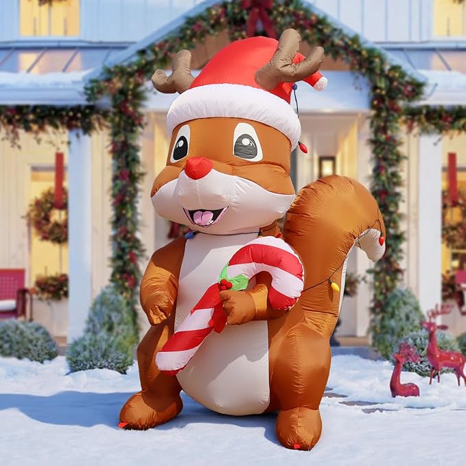 6FT Christmas Inflatables Squirrels Wrapped Colorful Lights, Funny Christmas Blow Ups Squirrels Decoration, Built-in LEDs for Holiday Party Front Garden Lawn Yard Patio Outdoor