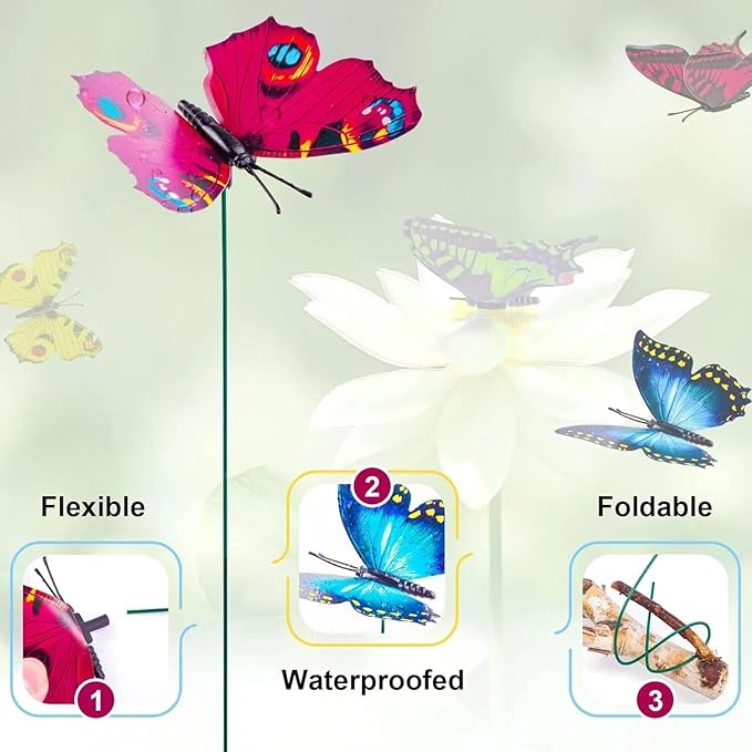 50PCS Butterfly Garden Decorations, Butterfly Stakes PVC Waterproof Decorative Colorfuli Garden Stakes for Yard Decorations Outdoor Garden Decor