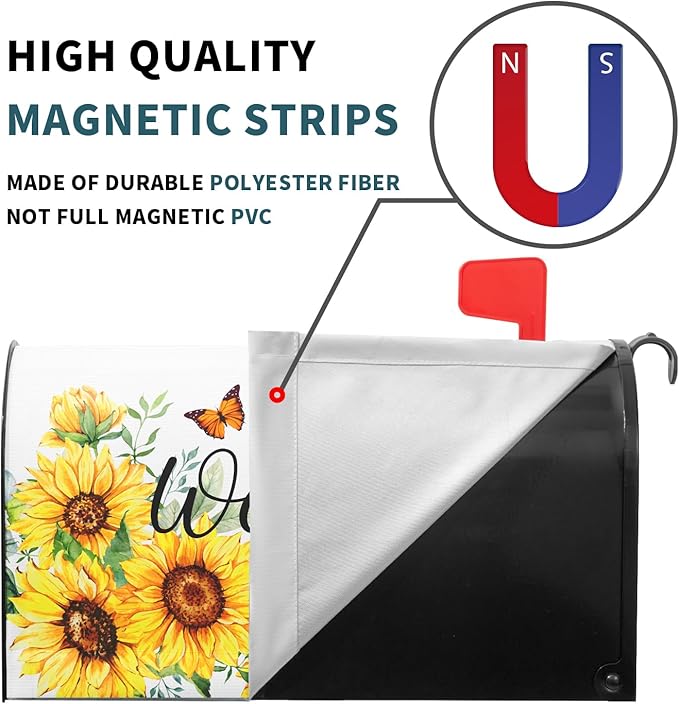 Summer Welcome Sunflower Mailbox Cover Magnetic Standard Size 25.5" X 21" Flower Wraps for Post Letter Box Decor Outside Garden Yard Home Outdoor Decoration