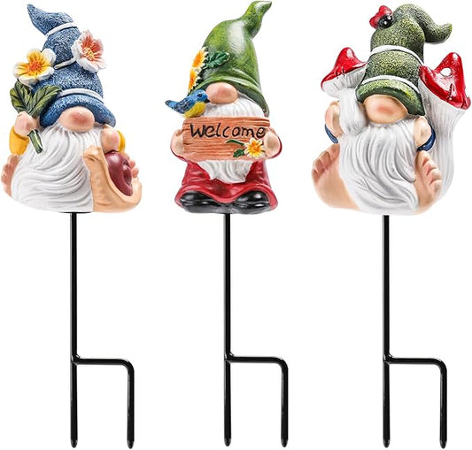 Garden Gnomes Stakes 3 Inch Plant Decorations for Pots Outdoor Statues Indoor 3 Pack Large Garden Gnomes Decorations for Home