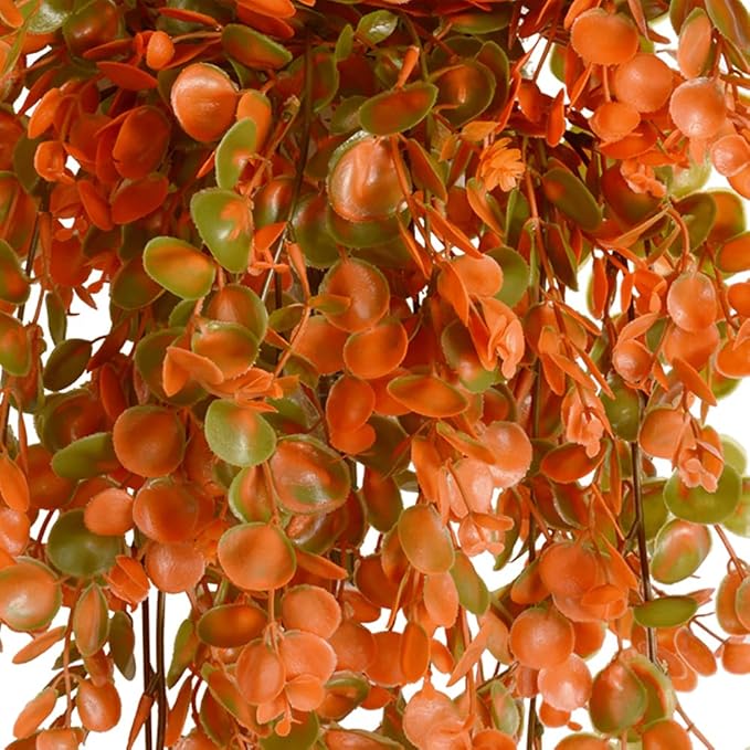6pcs Artificial Hanging Fall Plants Fake Hanging Plant Faux Eucalyptus Leaf Greenery Vine Outdoor UV Resistant Plastic Plants (6, Fall Orange)