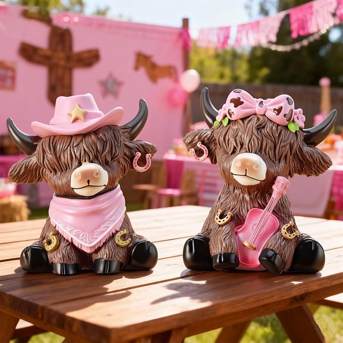 Wesiti 2 Pcs Cowgirl Highland Cow Figurines, Western Farmhouse Resin Cow Statues with Pink Cowboy Hat, Guitar and Bow, Christmas Cute Calf Lovers Gifts Ornaments for Home Shelf Holiday Decor