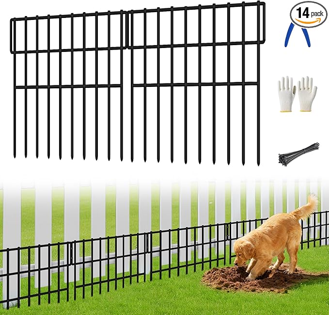 14 Panels Garden Fence Animal Barrier, Animal Barrier Fences No Dig Fence, 19.83ft(L) x 13in(H) Dog Fencing Rabbit Fences, 1.5in Spike Spacing Rustproof Metal Fences Border for Outdoor Yard