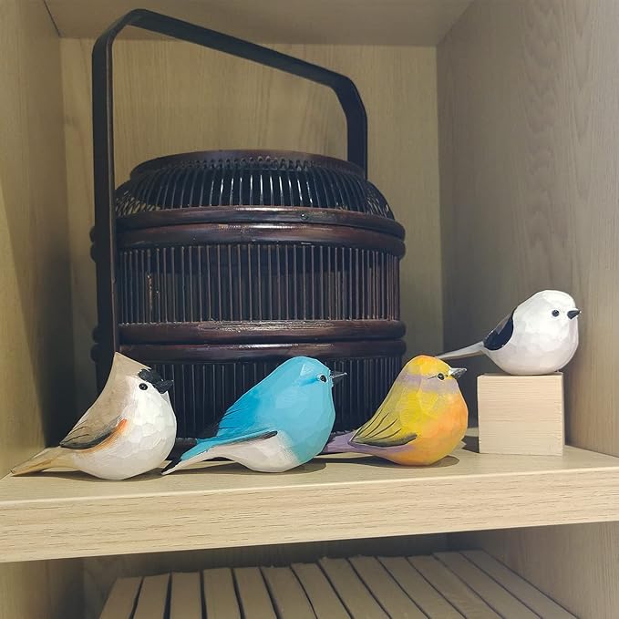 Handmade Wooden Carved Bird Decor Sculpted Hand-Painted Bird Figurines Small Home Decor Bird Statue Shelf Decor BFF Gifts for Bird Lovers (Suit 2)