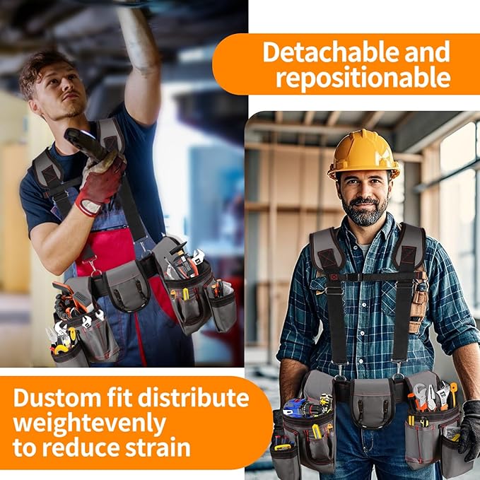 Tool Belt with Suspenders, Professional Tool Belt for Men, 18-Pocket Adjustable Heavy Duty Tool Organizer for Electrician, Carpenter, Framer, Construction Worker, Gray & Orange (32''–66'')
