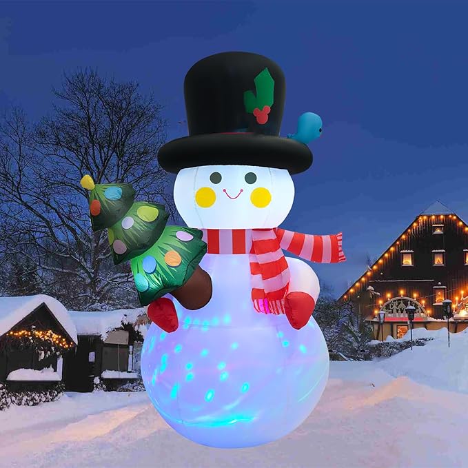 8 FT Christmas Inflatables Snowman Yard Decoration, Blow Up Snowman with Christmas Tree Outdoor Decoration with Rotating LED Lights for Holiday Party Garden Lawn Decor, Xmas New Year Kids Gifts
