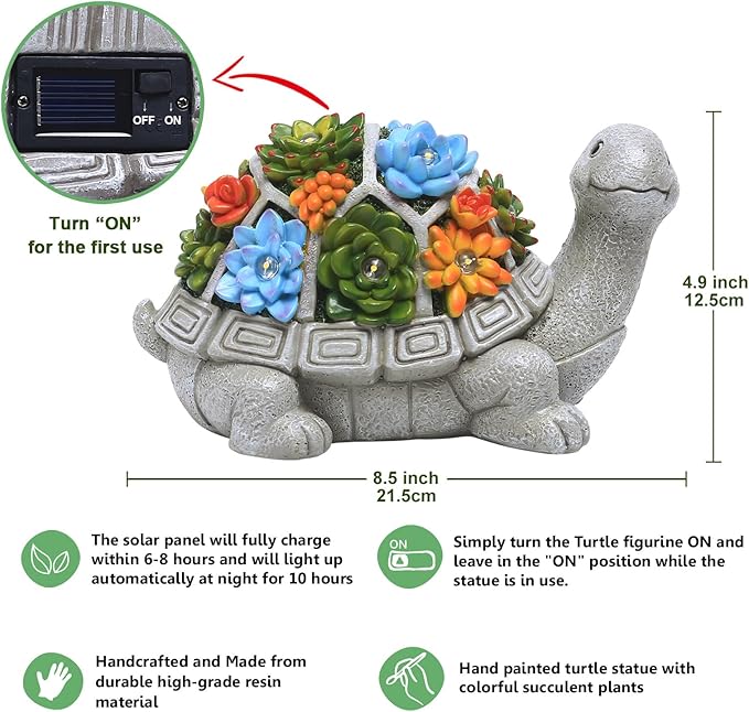 Nacome Solar Garden Outdoor Statues Turtle with Succulent and 7 LED Lights - Lawn Decor Tortoise Statue for Patio, Balcony, Yard Ornament - Chrismtas Gifts for Mom Grandma
