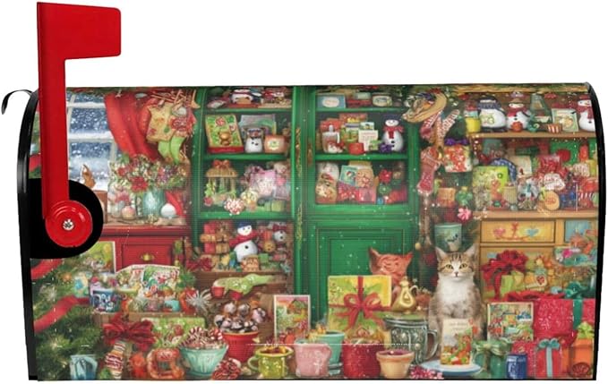 Christmas Cat Mailbox Covers Magnetic Letterbox Covers 21x18 Inch for Garden Outdoor Decoration
