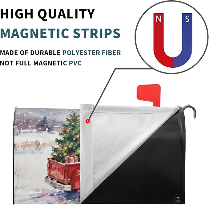 Merry Christmas Mailbox Covers Magnetic Standard Size Red Truck Xmas Tree Rustic Snow Scene Holiday Outdoor Decorative Farmhouse Letter Box Cases for Home Garden Outside Decor, 21x18 Inch