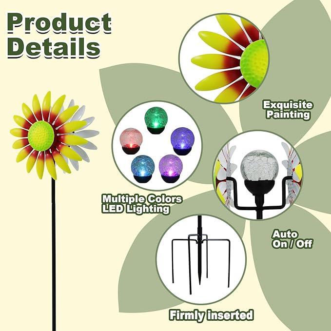 Decorative Metal Garden Daisy-Style Rotator, Decorative Garden Post, Daisy-Style Sculpture Courtyard. Outdoor Courtyard Art. (Yellow)