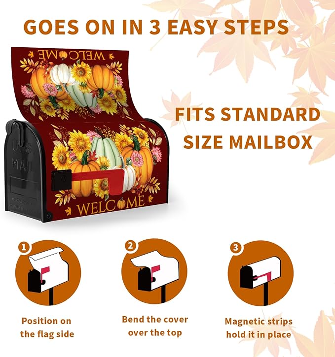 Fall Autumn Pumpkin Mailbox Cover Magnetic Yellow Sunflower Maple Leaves Mailbox Cover Large Size 25.5 X 21 Inch Thanksgiving Welcome Post Box Covers Wraps Home Garden Decor for Outdoor