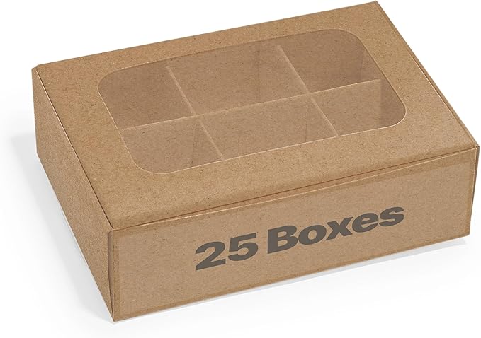 25 pcs Kraft Mini Truffle Box for 6 treats with Window and Dividers, Bakery Boxes, 5 x 3.5 x 1.57 Inches VERY SMALL Baking Boxes, Square Truffles Box Decorating Supplies for Gift Giving