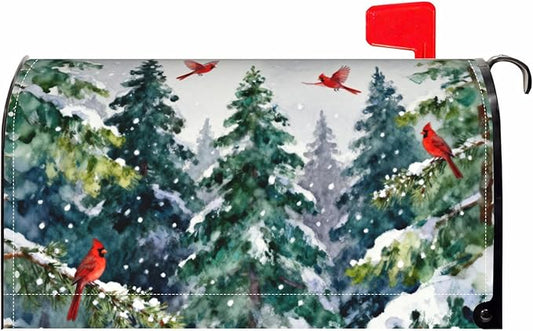 Winter Christmas Tree Large Mailbox Covers Magnetic Oversized Green Red Cardinal Bird Snow Scene Theme Outdoor Decorative Holiday Seasonal Letter Box Cases for Home Garden Outside Decor, 25.5x21 Inch