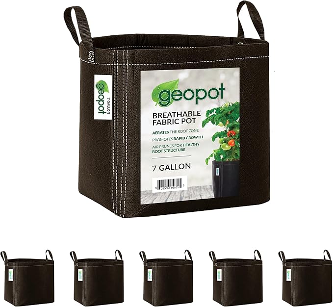 GeoPot 7 Gallon Fabric Grow Bags with Handles for Vegetables, Houseplants, Herbs & Flowers |5-Pack| Fabric Pots for Outdoors and Indoors, Aerated Fabric Grow Bags