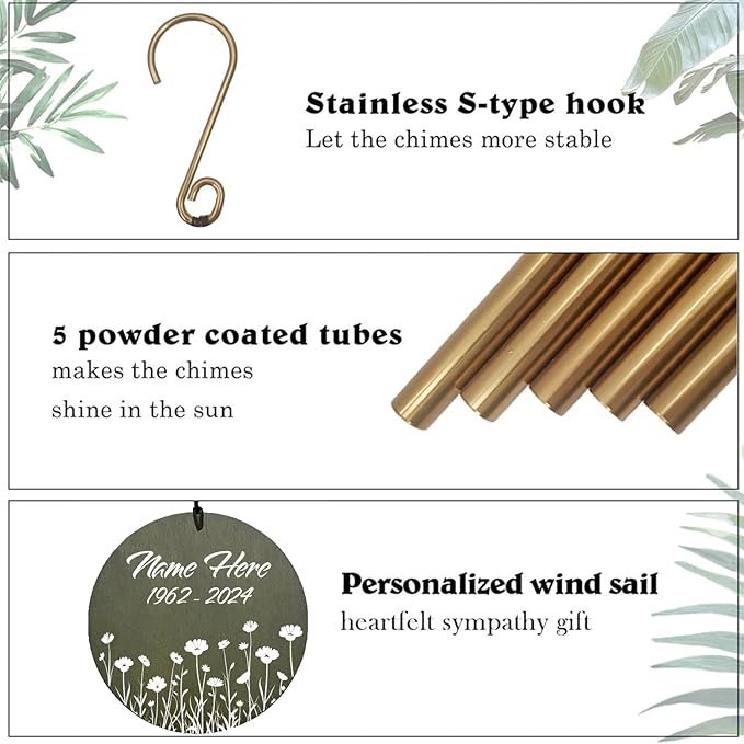 Personalized Sympathy Wind Chime, Memorial Wind Chimes for Loss of Loved One, Bereavement & in Memory Wind Chimes, Sympathy Gifts in Memory of Father, Mother, or a Loved One, Product in USA