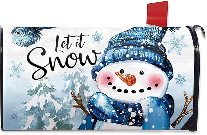 Winter Snowman Mailbox Cover Magnetic Standard Size 20.5" x 18", Let It Snow Pine Tree Snowflake Decorative Post Letter Box Wrap Decor, Christmas Seasonal Garden Yard Outdoor Decoration