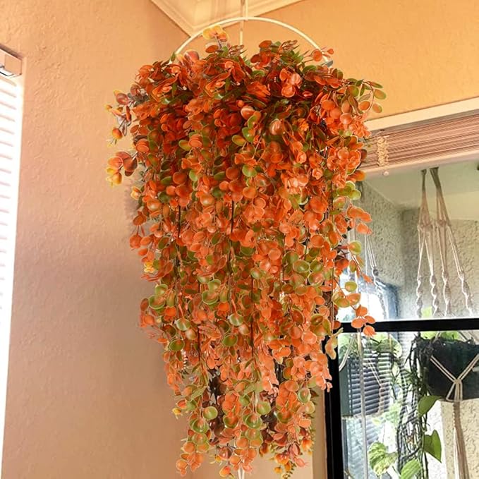 2pcs Artificial Hanging Fall Plants Fake Hanging Plant Faux Eucalyptus Leaf Greenery Vine Outdoor UV Resistant Plastic Plants (2, Fall Orange)