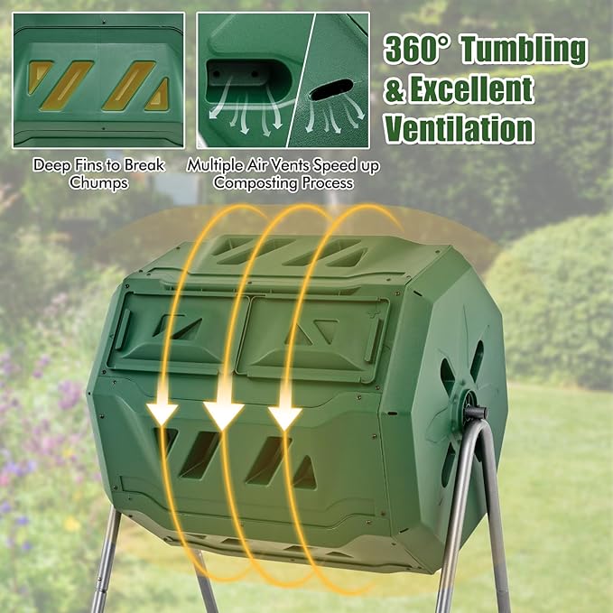 Goplus Compost Tumbler, 43 Gallon Rotating Compost Bin Barrel, Dual Chamber Tumbling Composter with Sliding Door, Gloves, Aeration System for Outdoor, Garden, Yard
