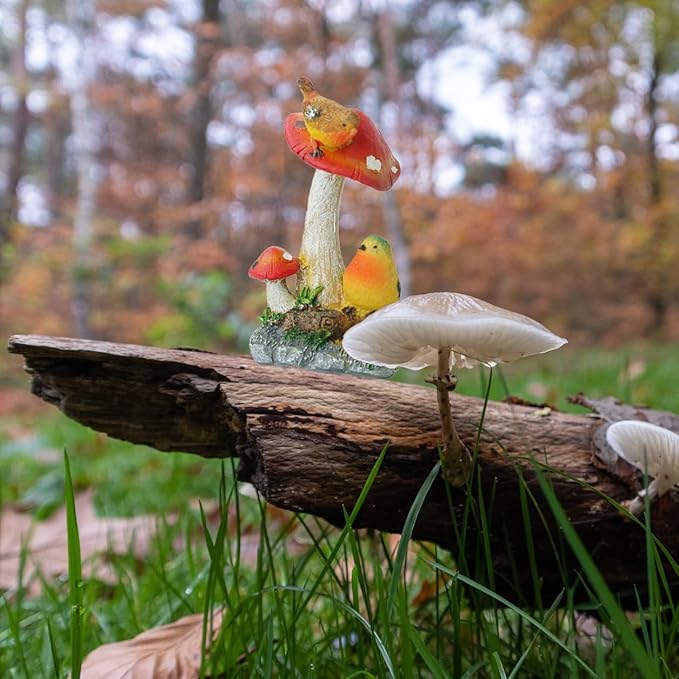 Garden Decoration Birds on Mashrooms Statue, Outdoor and Indor Decor Resin Figurine Attract Birds