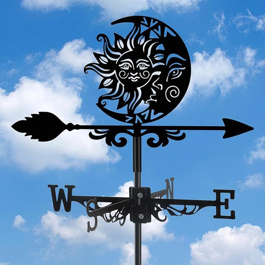 Sun and Moon Face Weather Vane, Black Metal Weathervane Roof Mount, Wind Direction Indicator Wind Measuring Tool Outdoor, Wind Vane Ornament Decoration for Shed Garden Yard Farmhouse Patio Decor