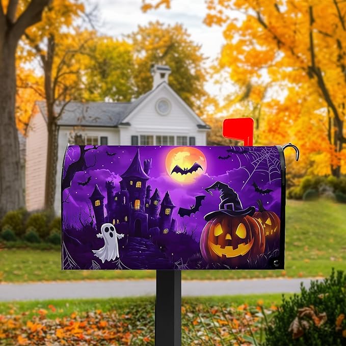 Pumpkin Mailbox Covers Magnetic Halloween Bat Post Letter Box Cover Scary Night Mailbox Wrap Standard Size 21x18 inch Castle Lanterns Forest for Outside Garden Decor Fall Autumn