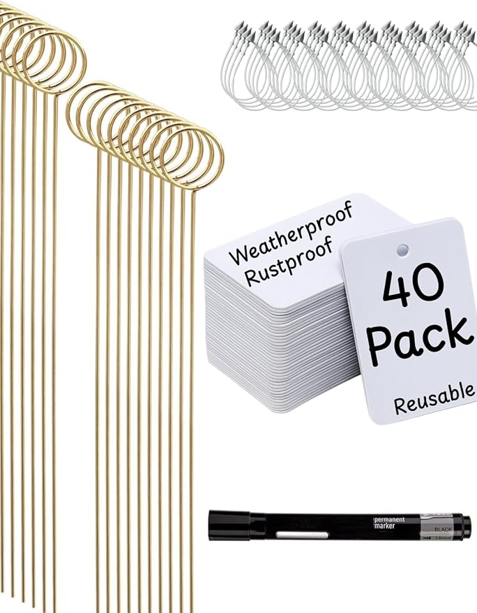 Plant Markers & Garden Labels Kit, All-in-One with 20 Golden 12 Inch Metal Stakes & 40 Waterproof Reusable Tags, Ties and Marker for Outdoor and Indoor Potted Plants