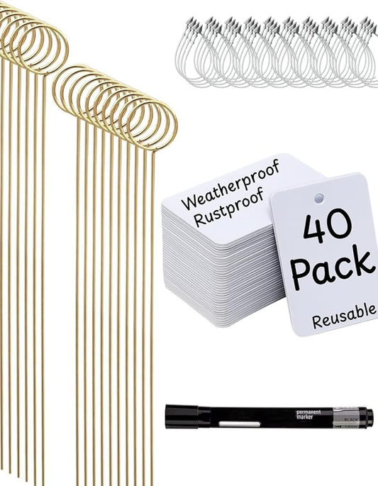 Plant Markers & Garden Labels Kit, All-in-One with 20 Golden 12 Inch Metal Stakes & 40 Waterproof Reusable Tags, Ties and Marker for Outdoor and Indoor Potted Plants