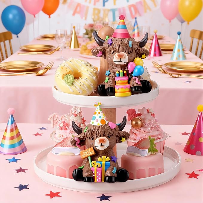 Karenhi 2 Pcs Birthday Highland Cow Figurines, Resin Cow Gnomes Party Hat Gifts Balloons Cake Farmhouse Scottish Resin Statue Calf Lovers Gifts for Home Garden Kitchen Office Tiered Tray Table Decor