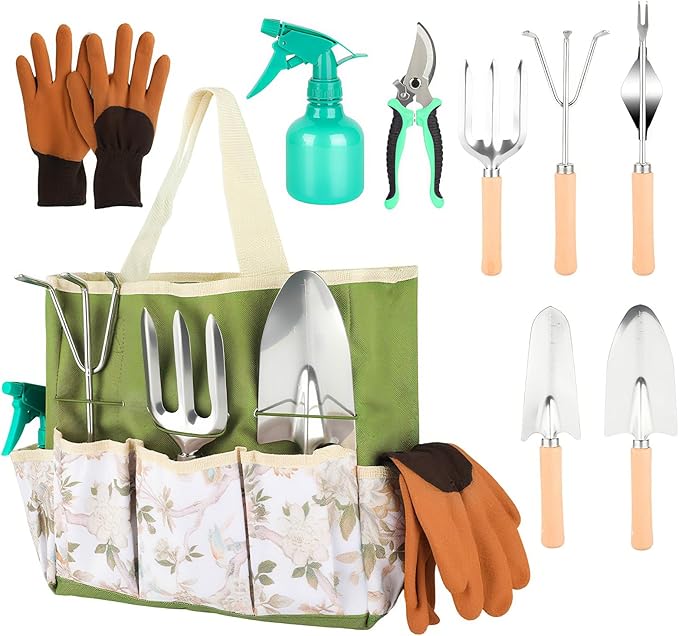 Heavy Duty Gardening Tools, 9 Pieces Garden Tool Set, Stainless Steel Rust Proof Non-Slip Garden Hand Tools with Fashion and Durable Storage Bag, Ideal Gardening Gifts for Women Men Mom