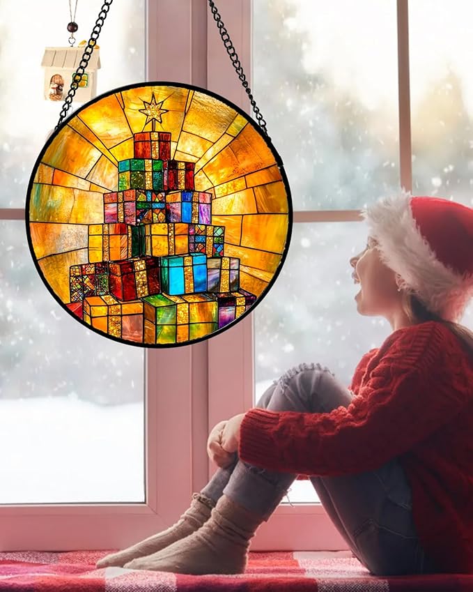Stained Glass Window Hanging - Colorful Gift Box Tower Suncatcher for Doors Home Christmas Decoration Winter Sun Catcher Thanksgiving New Year Birthday Gift for Friend Women Men Mom Nana 15 in